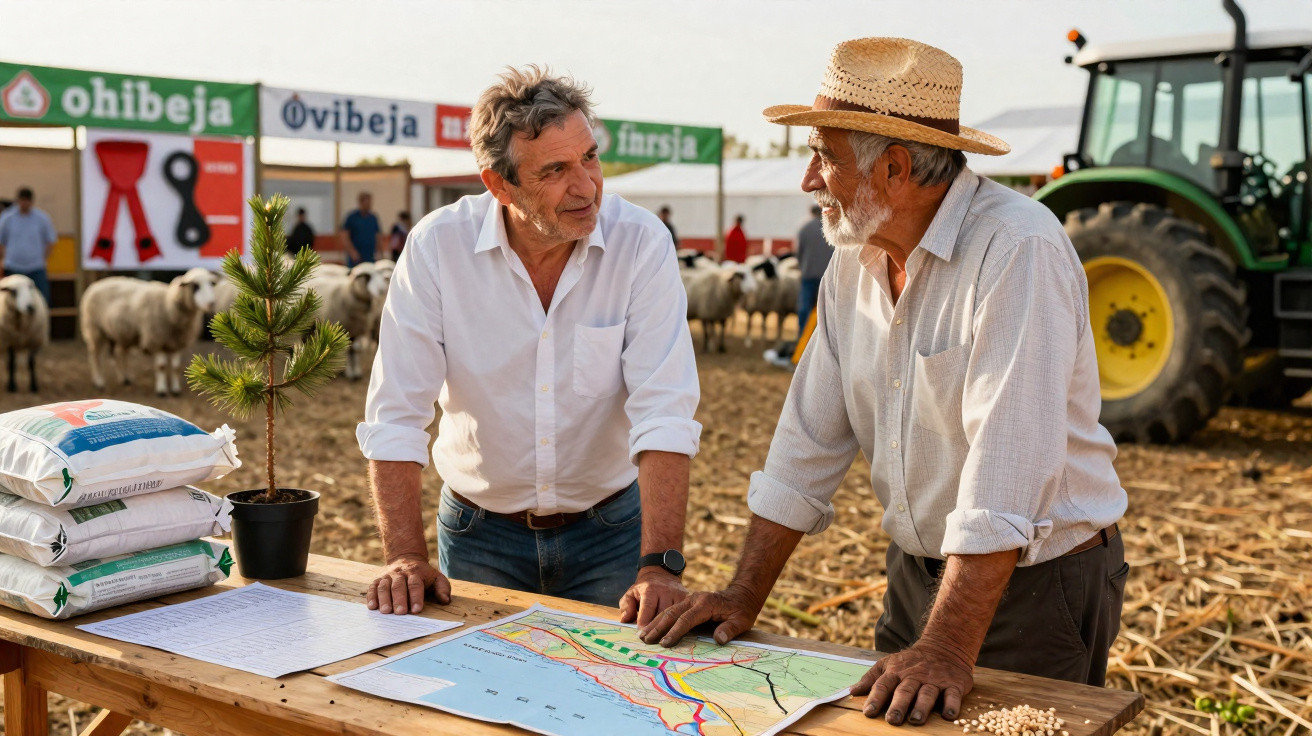 Deux agriculteurs discutent devant une table avec une carte, un plant en pot, des sacs et un tracteur en arrière-plan.