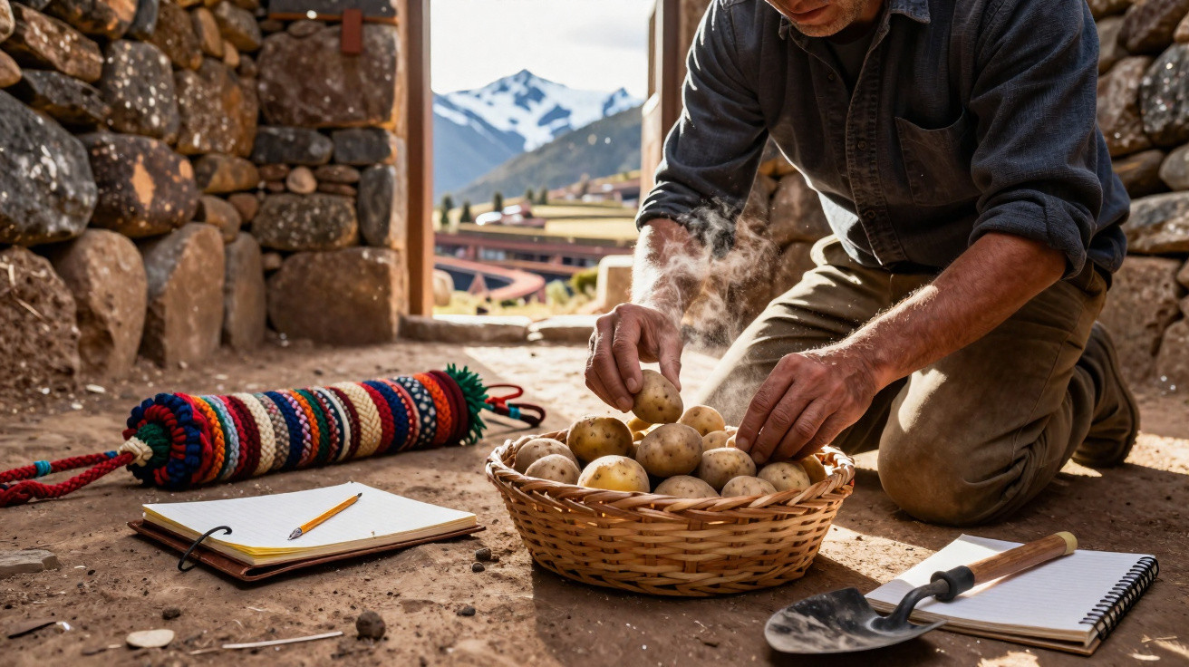 Homme range des pommes de terre chaudes dans un panier, carnet, pelle et montagne enneigée en arrière-plan.
