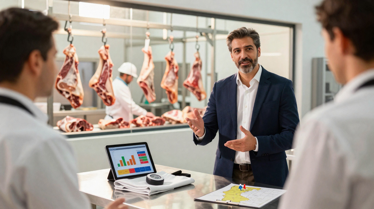 Homme d'affaires présente un plan et des graphiques à deux bouchers dans un abattoir avec morceaux de viande suspendus.
