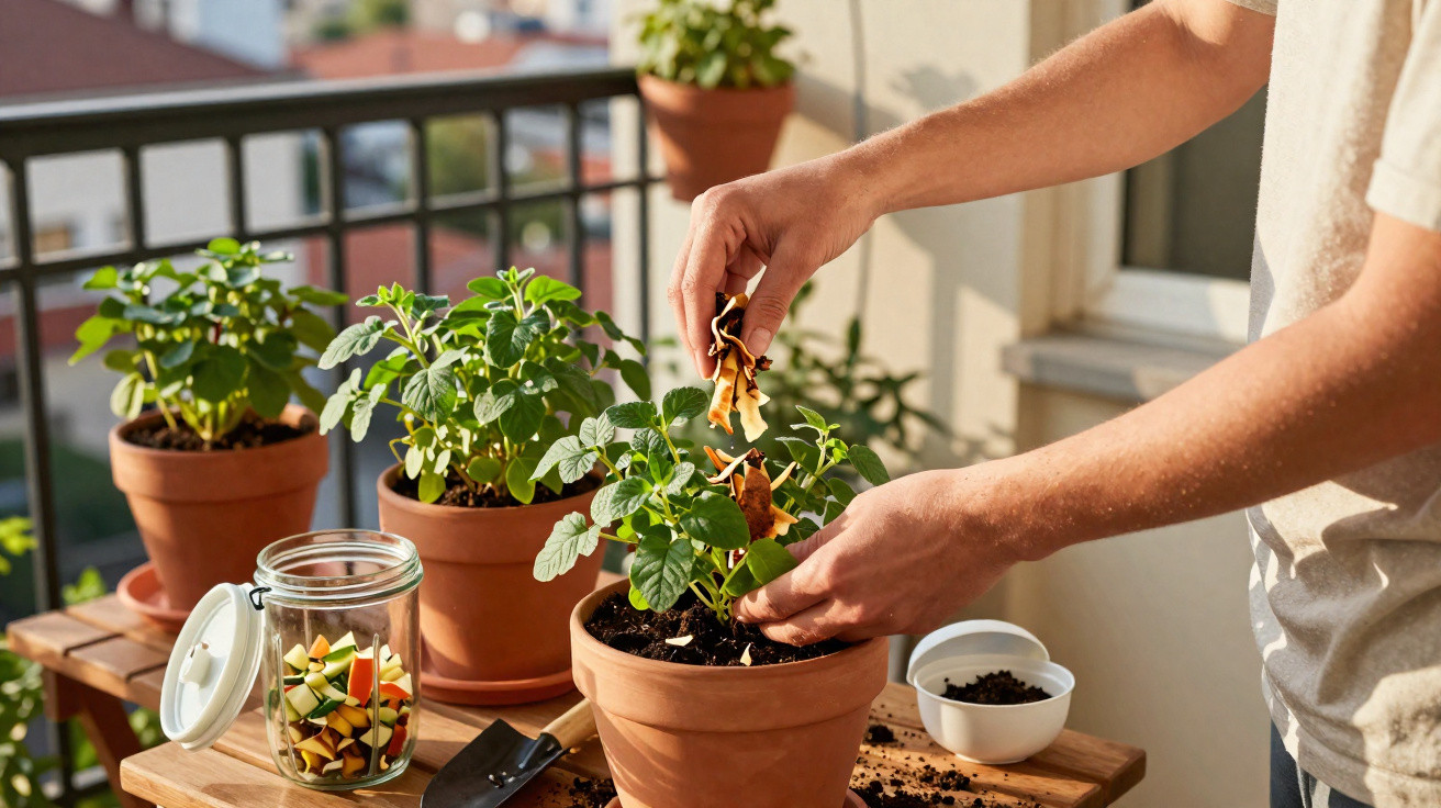 Personne ajoutant des épluchures de légumes dans un pot de plante sur un balcon ensoleillé.