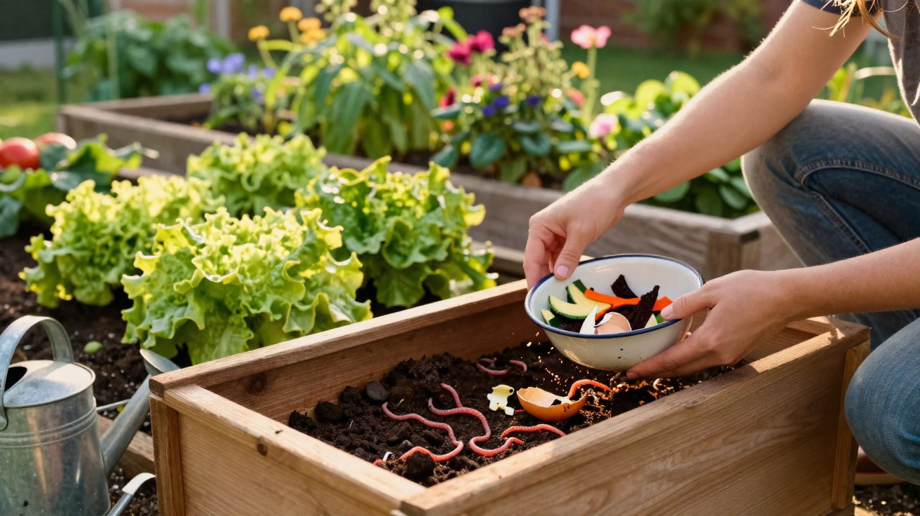 Personne déposant des épluchures dans un carré potager rempli de vers de terre et de laitues.