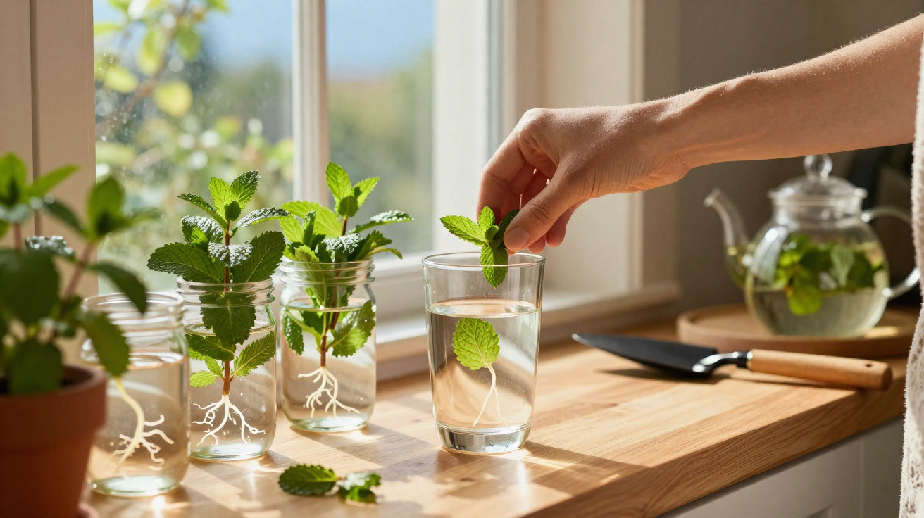 Main plaçant une feuille de menthe dans un verre d'eau sur un plan de travail en bois près d'une fenêtre.