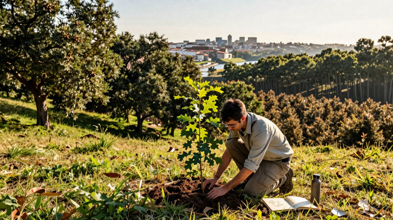 Homme plantant un jeune arbre dans un champ avec une ville en arrière-plan au soleil couchant.