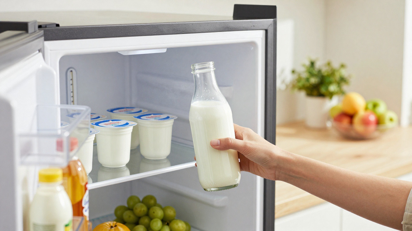 Main retirant une bouteille de lait en verre dans un réfrigérateur contenant des yaourts et des fruits.