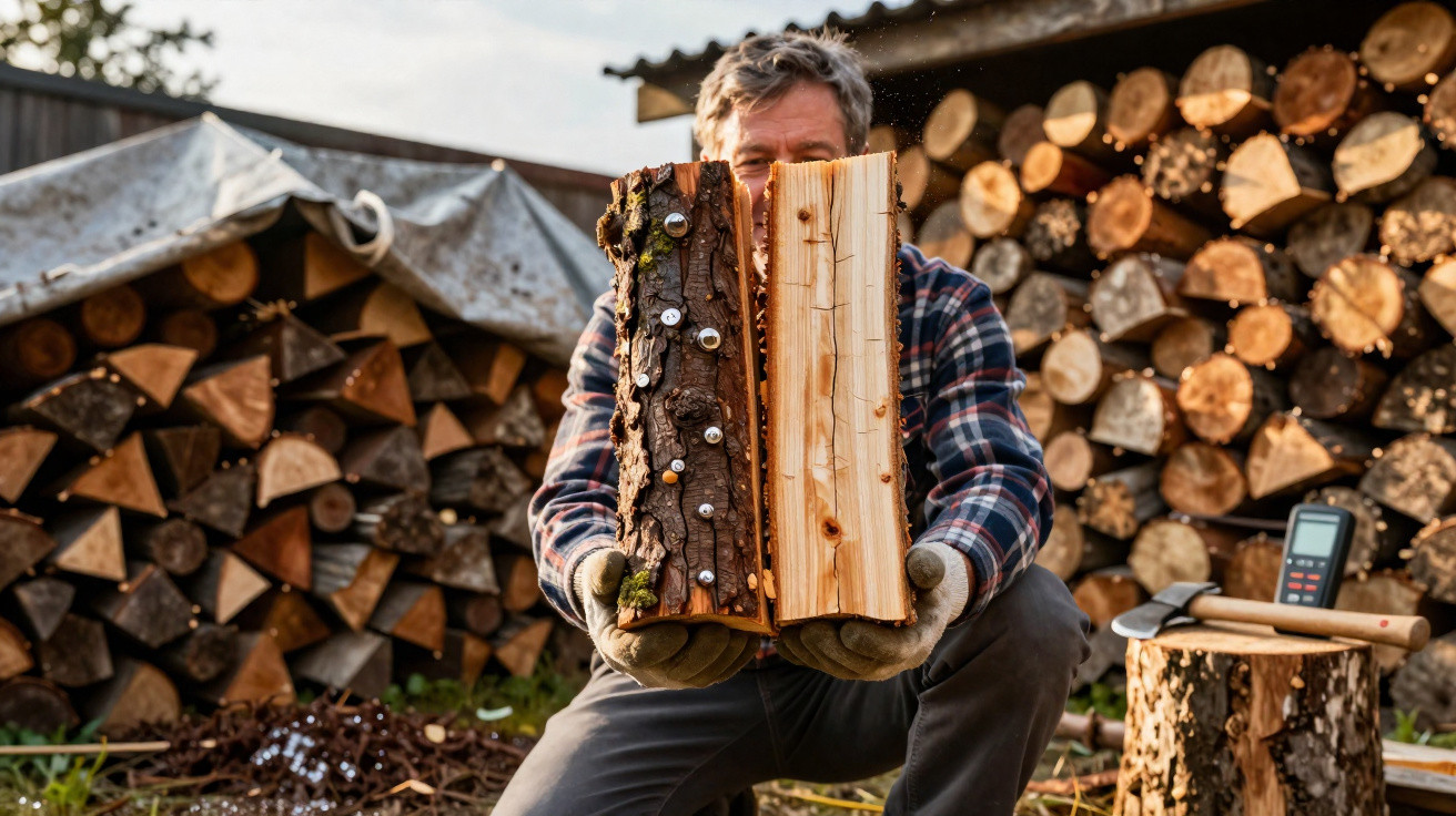 Homme tenant deux bûches de bois, l'une avec clous et l'autre lisse, devant un tas de bois empilé.