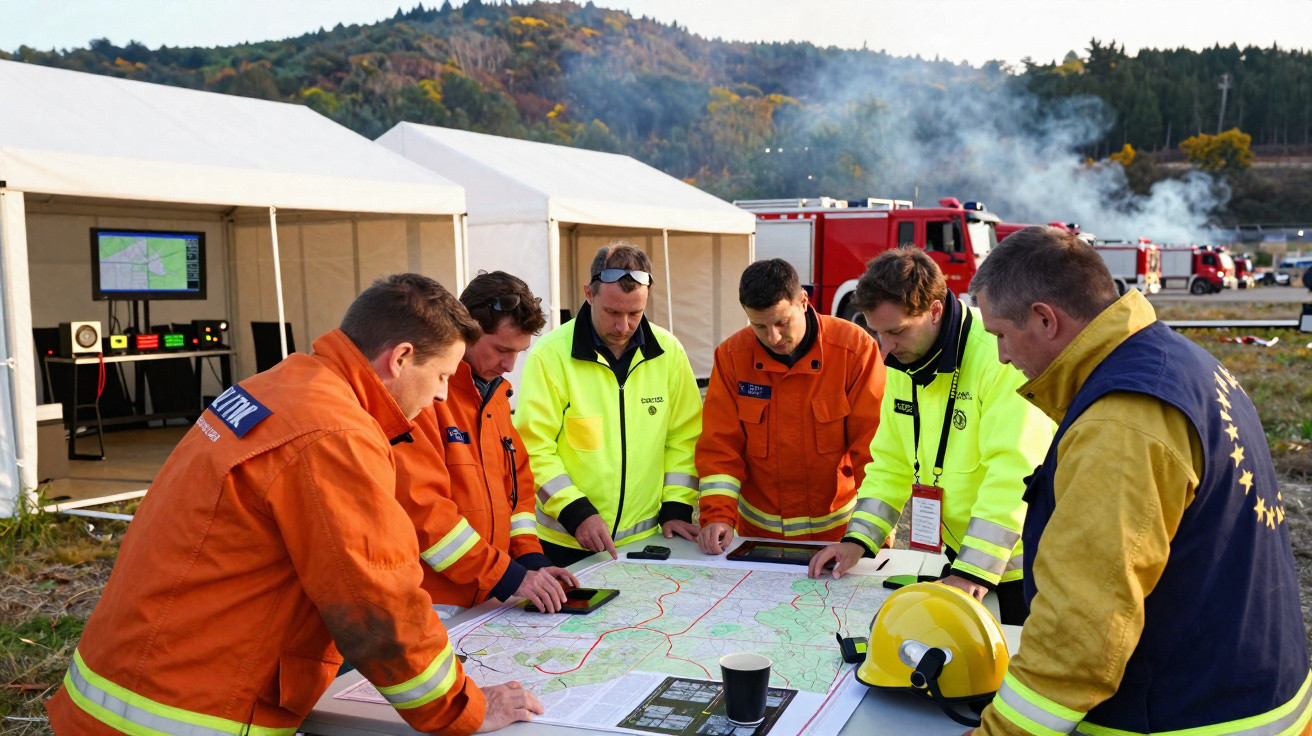 Équipe de secours en gilets jaunes et orange planifiant une intervention sur une carte en extérieur près de camions d'urgence