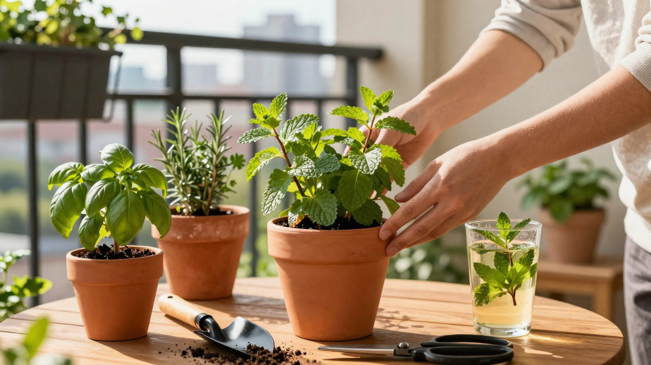 Personne prenant soin de plantes aromatiques en pot sur une table ensoleillée avec terre et outils de jardinage.