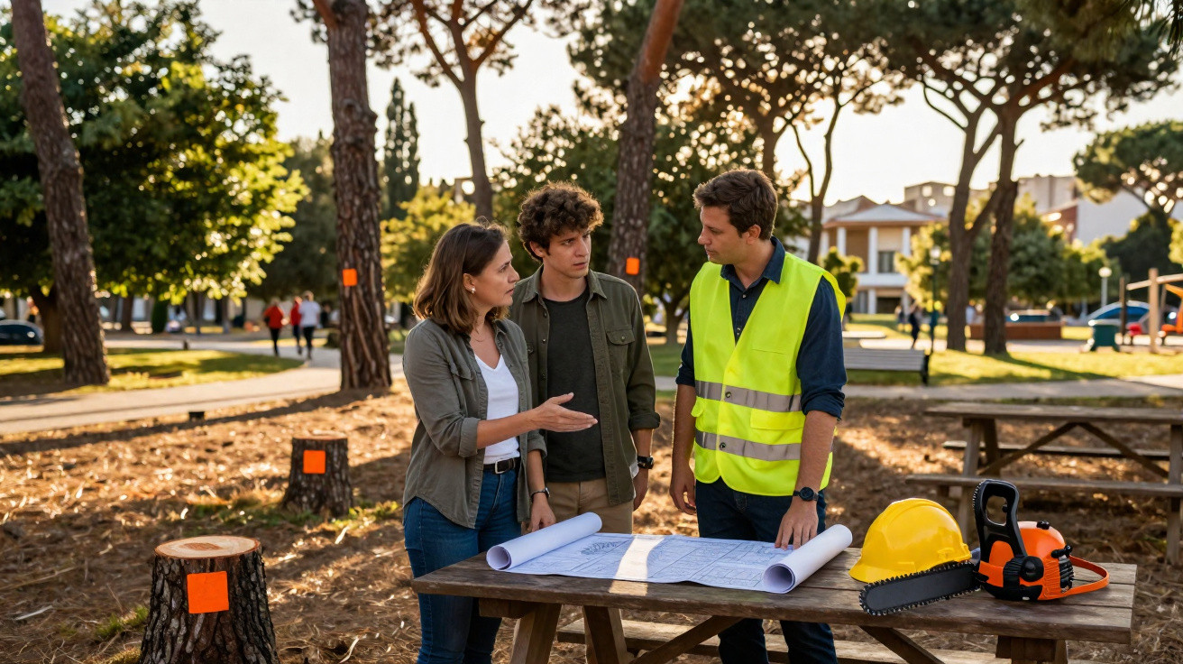 Trois personnes discutant plans devant une table en bois, chantier extérieur avec arbres et outils de construction.