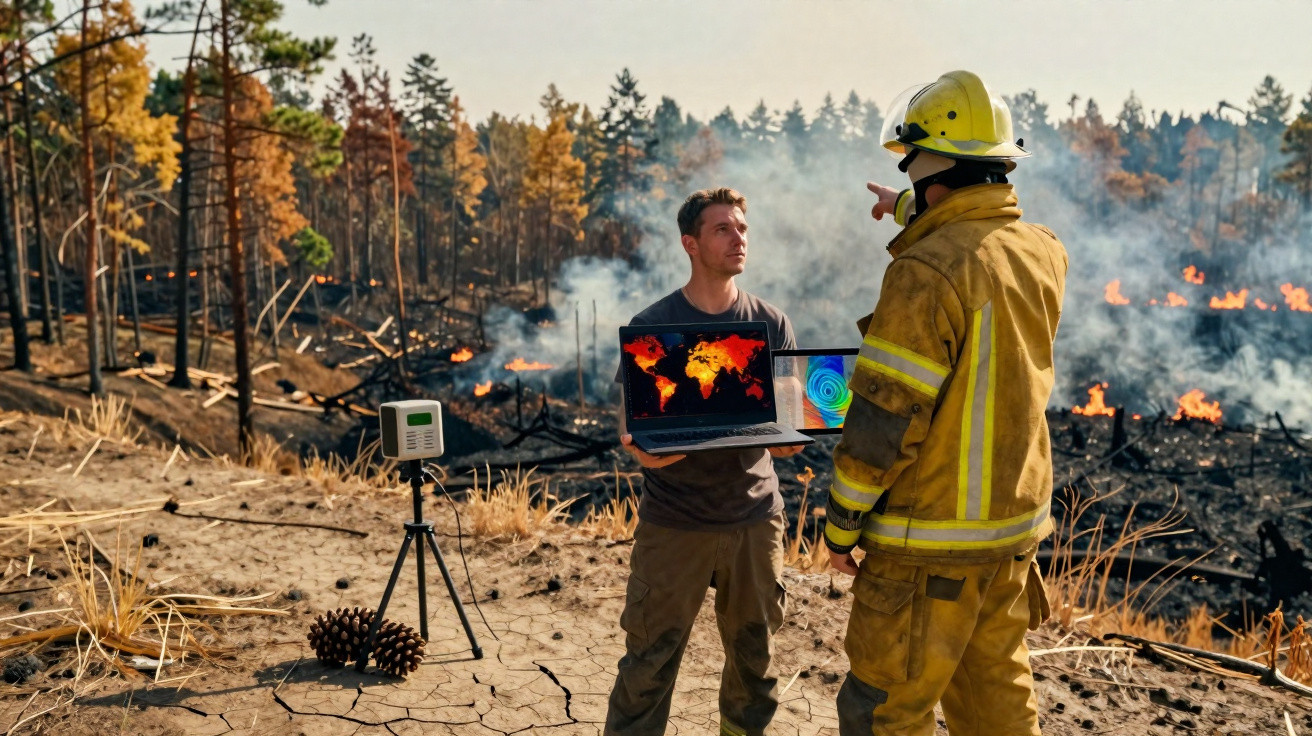 Deux hommes discutent devant une forêt en feu, l'un tient un ordinateur avec des cartes climatiques.