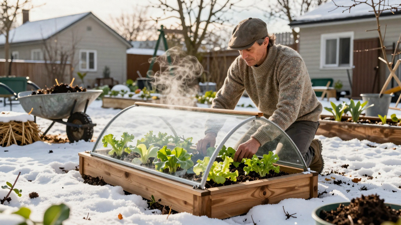 Homme jardinant sous une petite serre en bois dans la neige avec de la vapeur s'échappant du couvercle.