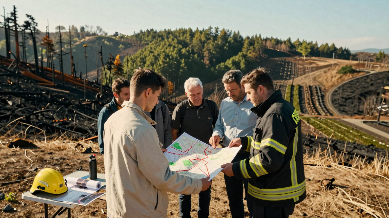 Groupe d'hommes examinant une carte sur un terrain partiellement brûlé avec forêt et champs en arrière-plan.