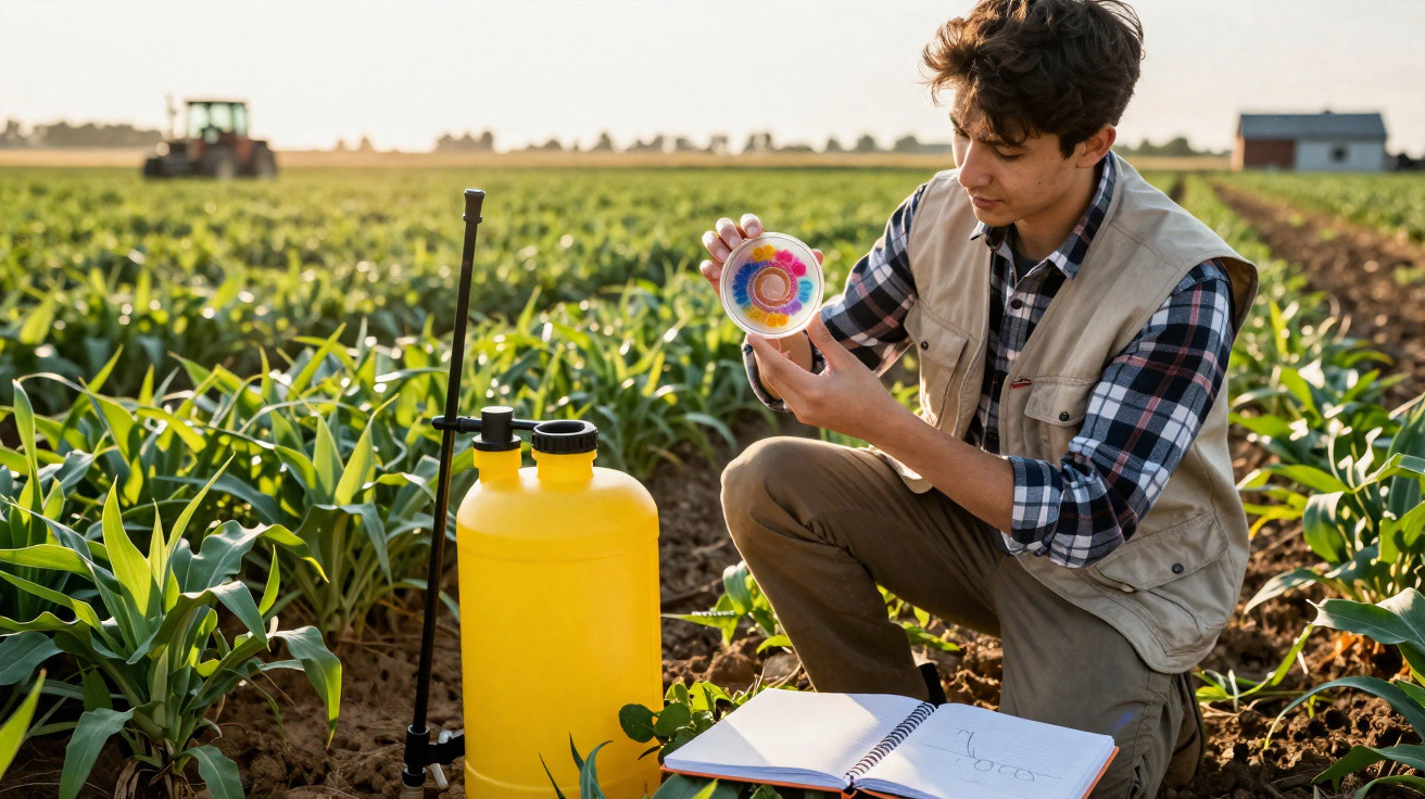 Agriculteur analysant un test de sol dans un champ de maïs avec outils et carnet de notes au soleil couchant.