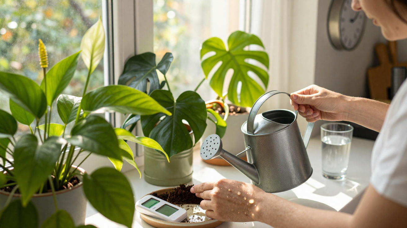 Personne arrosant des plantes vertes d'intérieur près d'une fenêtre avec un arrosoir en métal.