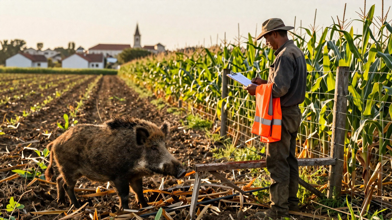 Un agriculteur en tenue vérifie un carnet près d'un enclos avec un sanglier dans un champ de maïs au coucher du soleil.