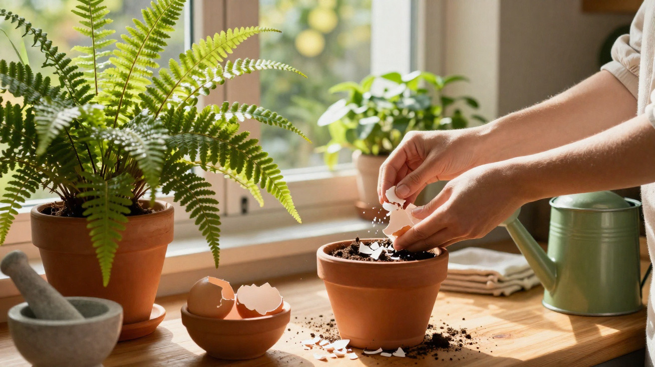 Main versant des coquilles d'œufs dans un pot de terre cuite sur une table près d'une fenêtre avec des plantes.