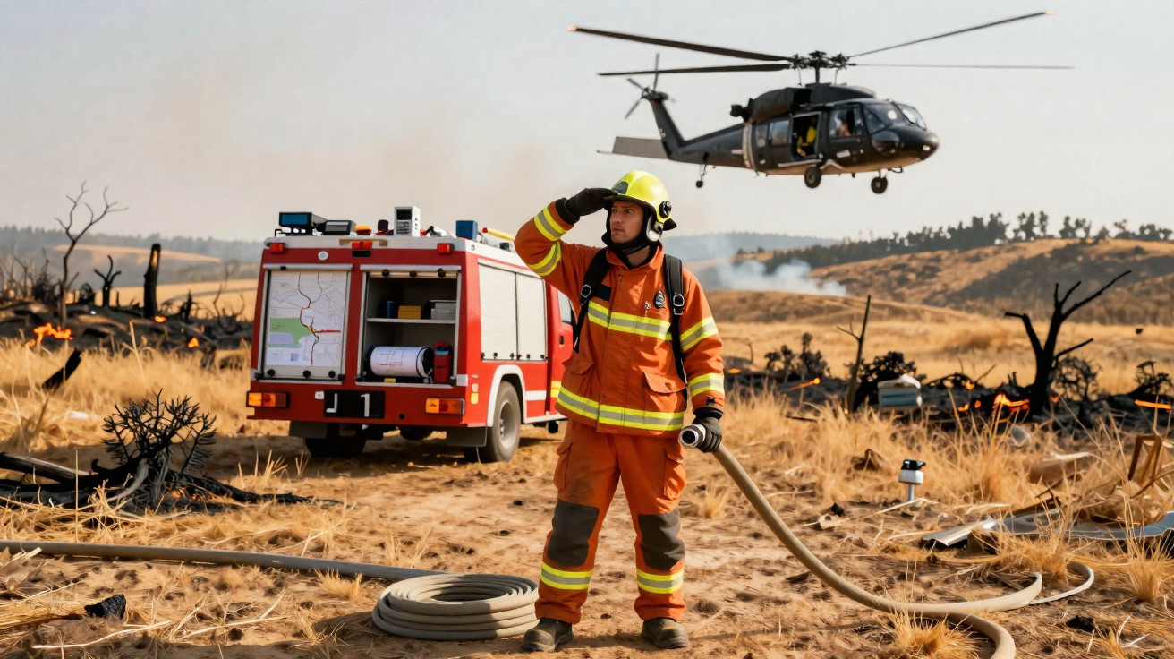 Pompier en tenue orange avec casque manipulant une lance à incendie, camion de pompiers et hélicoptère en arrière-plan.