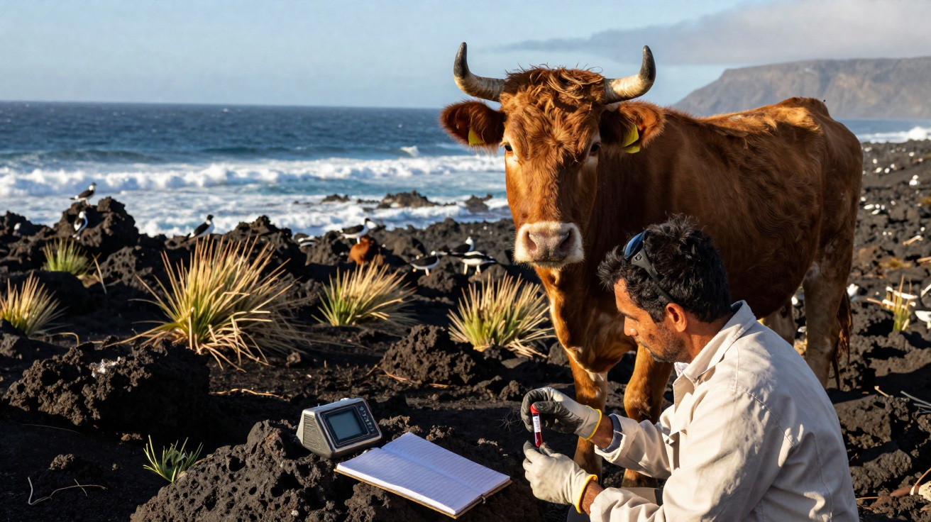 Un homme en blouse manipule un tube devant une vache sur un sol volcanique près de l'océan.