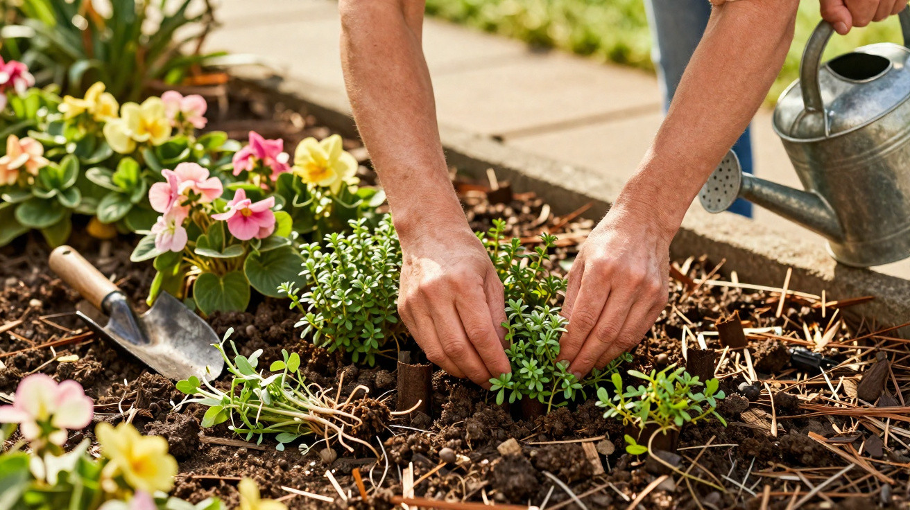 Mains plantant une jeune plante verte dans un jardin fleuri avec un arrosoir et une pelle à main.