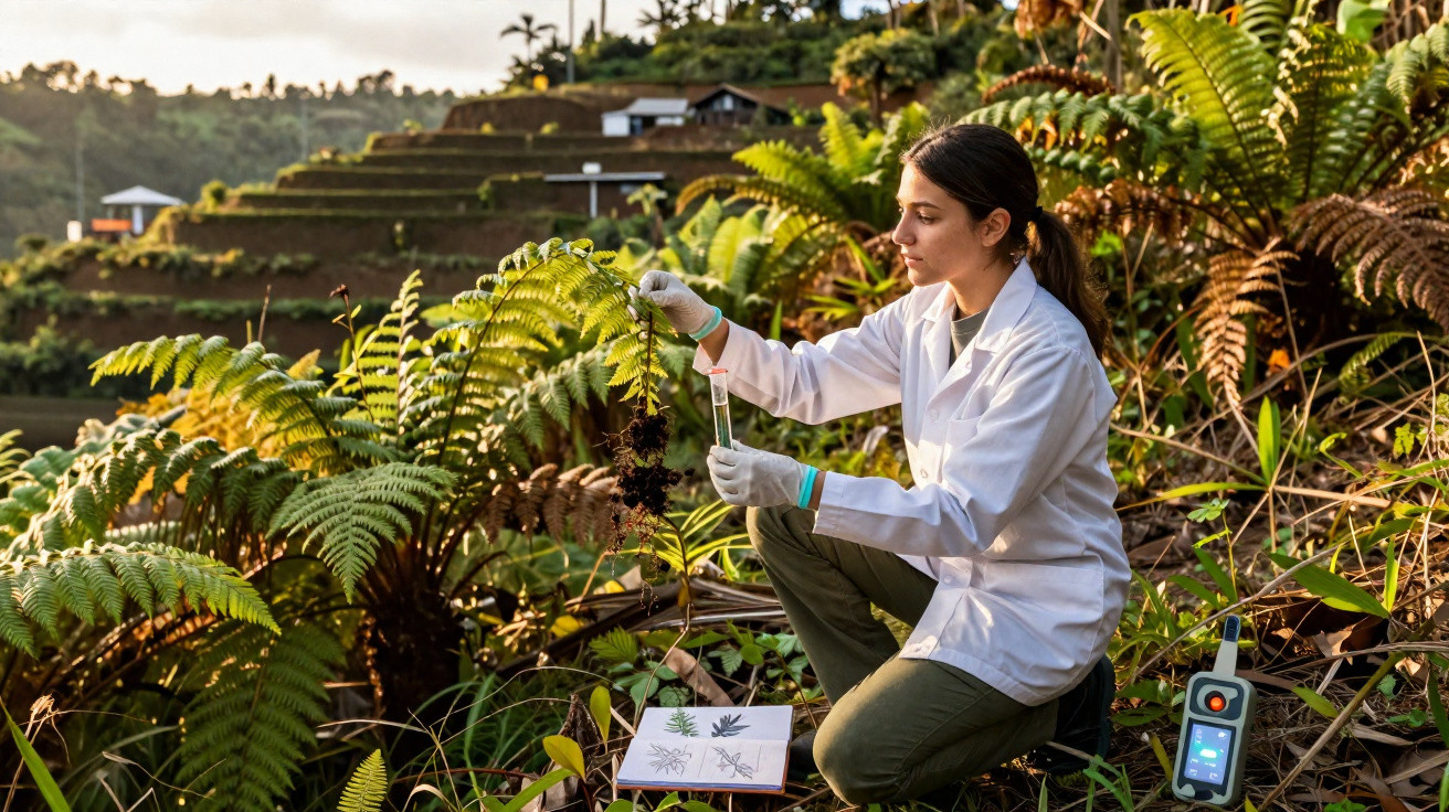 Femme scientifique en blouse blanche prélève un échantillon de plante dans un paysage verdoyant en terrasse.