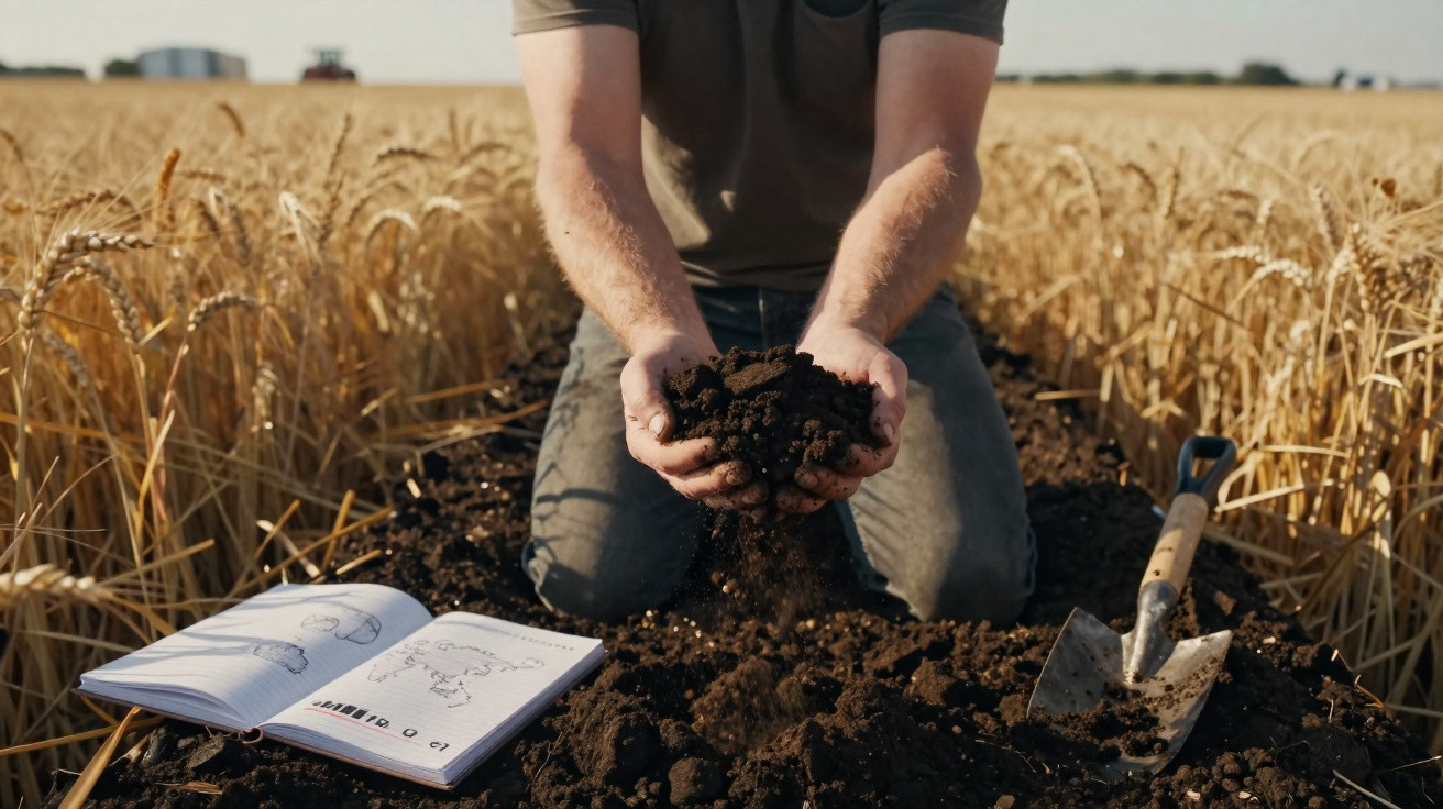 Homme agenouillé dans un champ de blé, tenant de la terre fertile entre ses mains, avec un carnet et une pelle à côté.