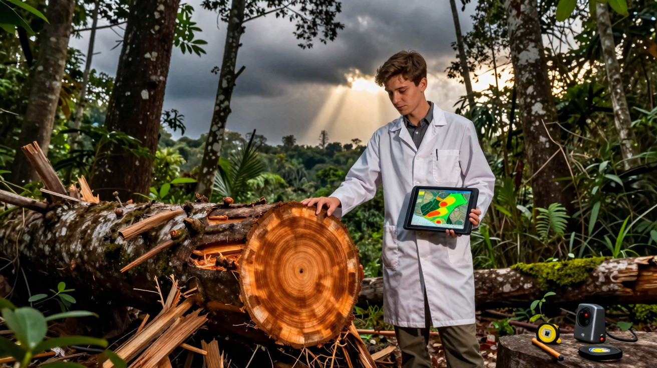 Jeune scientifique en blouse blanche examine une souche d'arbre coupée en forêt avec une tablette numérique.