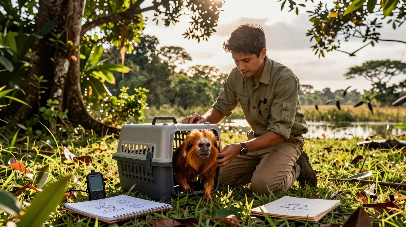 Jeune homme sortant un petit singe d'une cage dans un environnement naturel au soleil couchant.