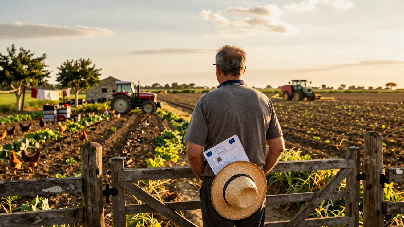 Homme d’âge mûr debout devant un champ cultivé avec des tracteurs et des poules au coucher du soleil.