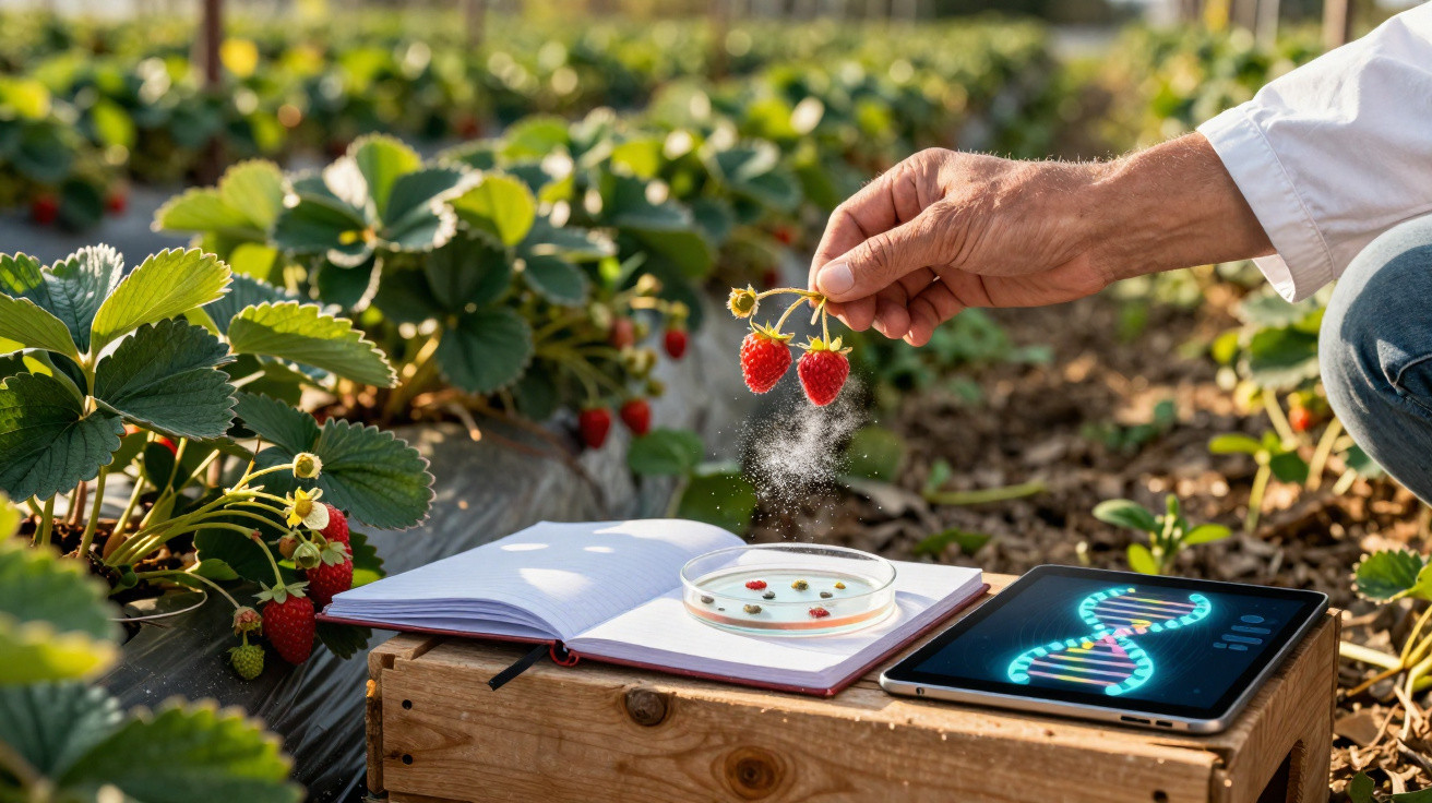 Main tenant des fraises au-dessus d'une boîte de Pétri, avec un carnet ouvert et une tablette affichant de l'ADN dans un cham