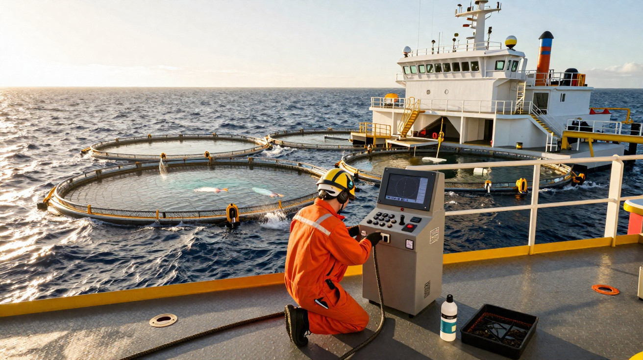 Technicien en combinaison orange contrôlant des installations piscicoles en mer sur un navire au coucher du soleil.