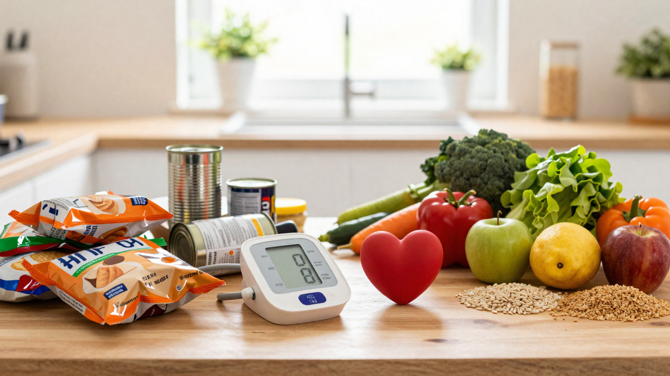 Aliments transformés à gauche, produits frais et équilibrés à droite, avec un tensiomètre et un cœur rouge au centre.