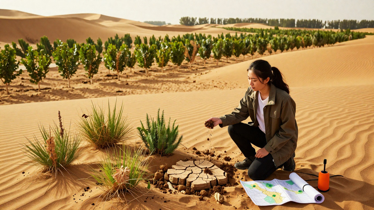 Jeune femme examinant la terre sèche dans un désert avec des plantes et une carte au sol.