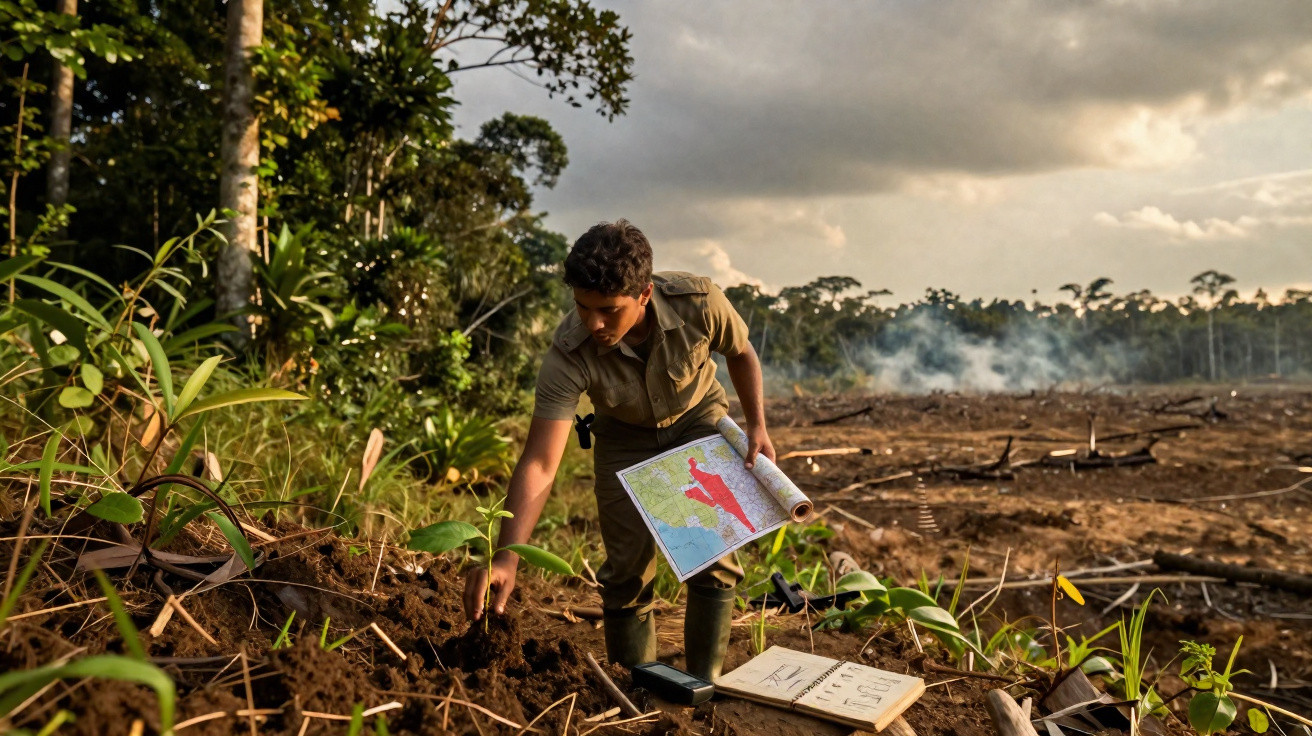 Un homme inspecte un sol déforesté avec une carte en main, entouré de végétation et de fumée au loin.