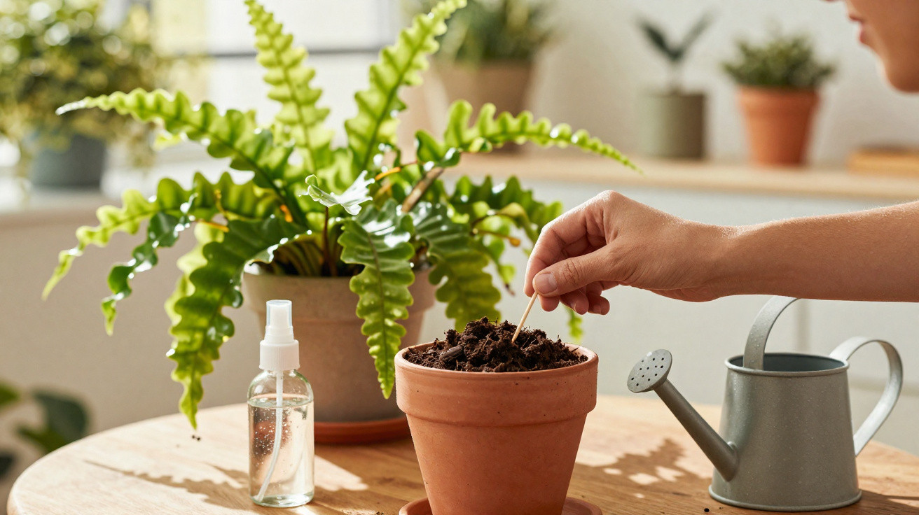 Main plantant une graine dans un pot en terre cuite avec un arrosoir et une plante verte en arrière-plan.