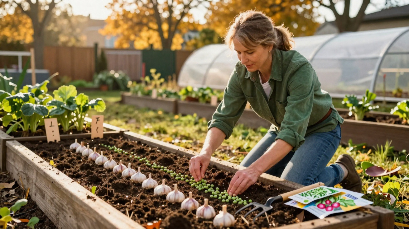 Femme plantant des graines dans un carré potager en bois par une journée ensoleillée d'automne.