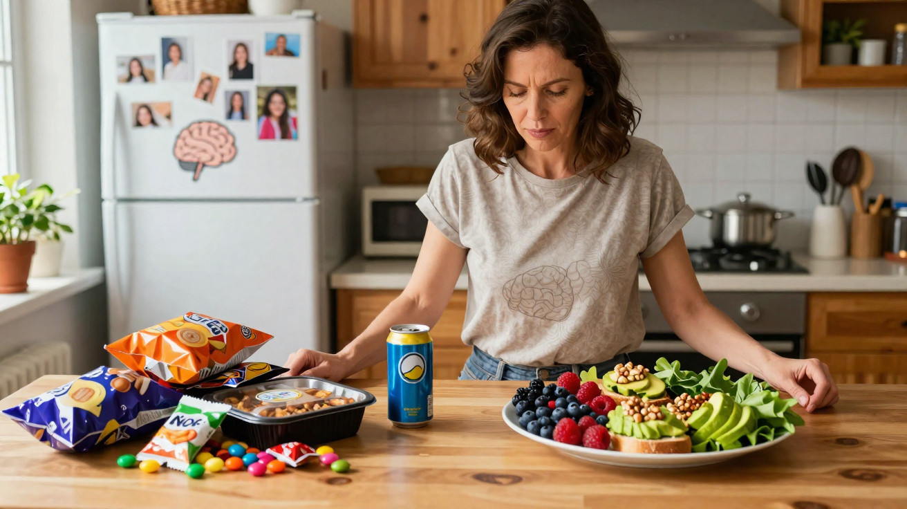 Femme hésitant entre des aliments sains avec fruits et noix et des snacks sucrés et salés sur une table de cuisine.