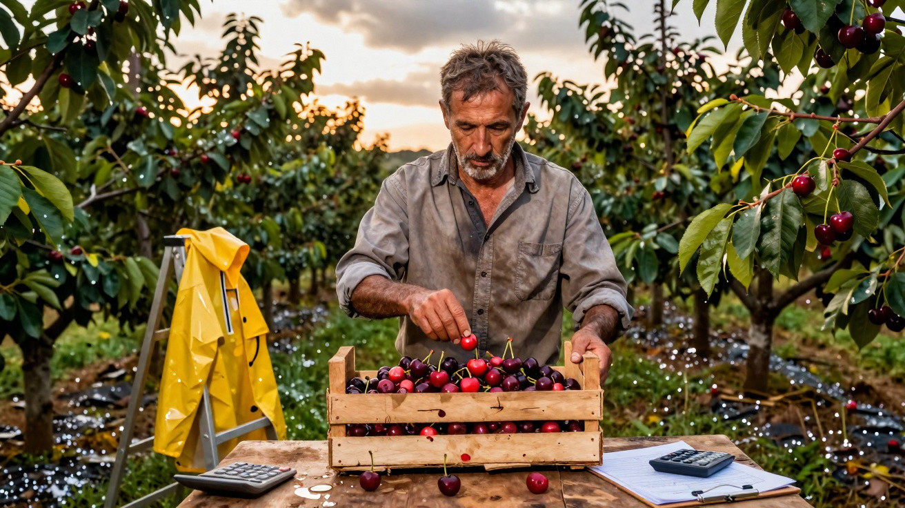 Homme triant des cerises dans une caisse en bois au verger au coucher du soleil.