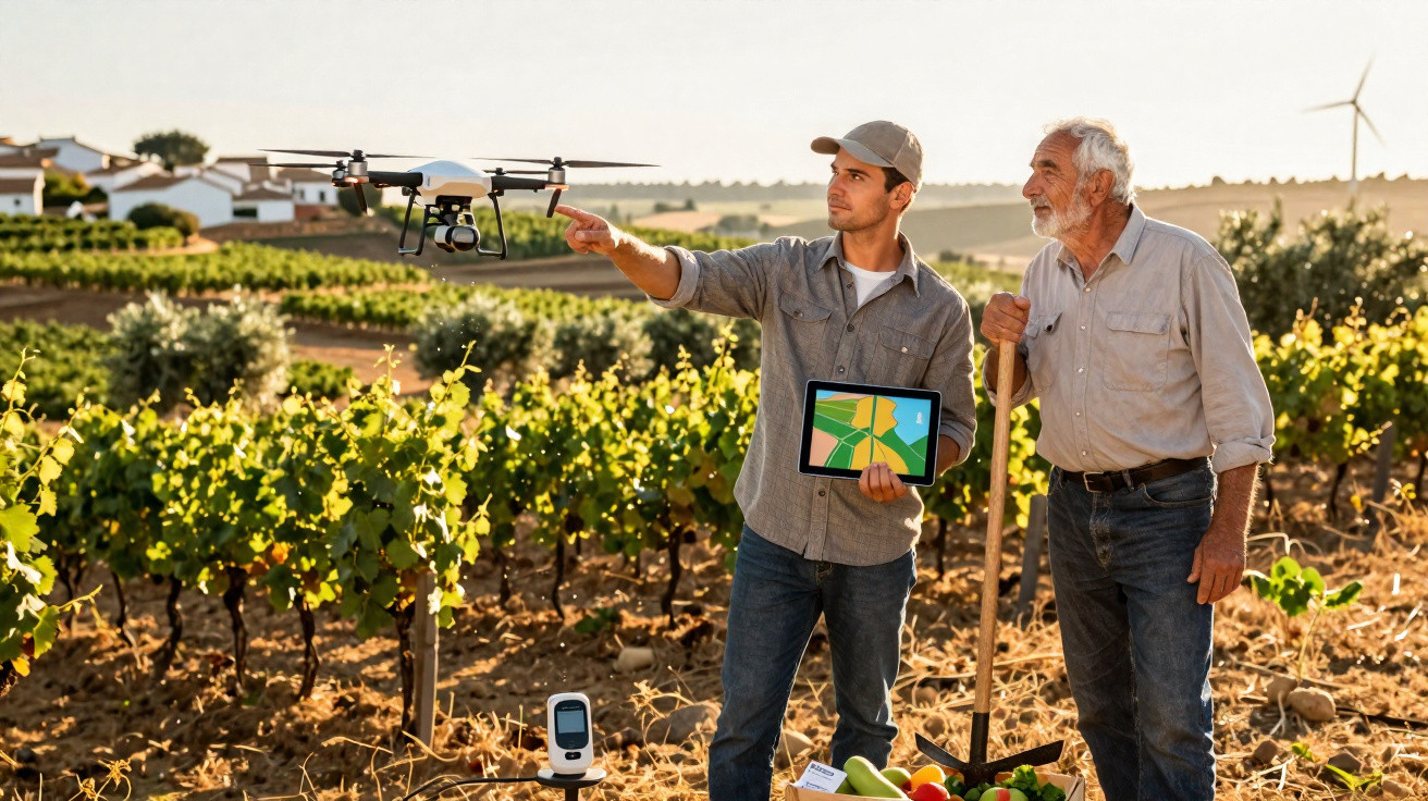 Deux agriculteurs utilisent un drone et une tablette pour surveiller un vignoble ensoleillé.