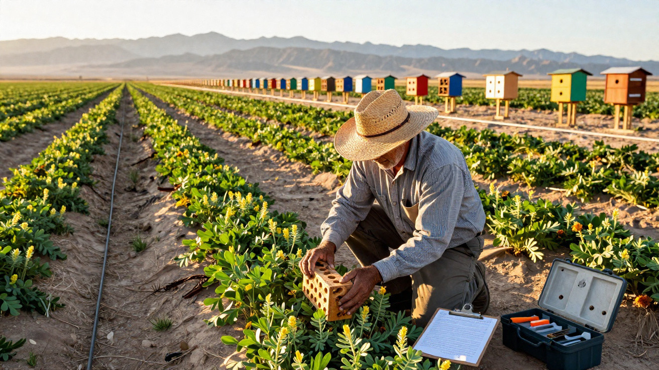Agriculteur inspectant des ruches colorées dans un champ de plantes avec montagnes en arrière-plan.