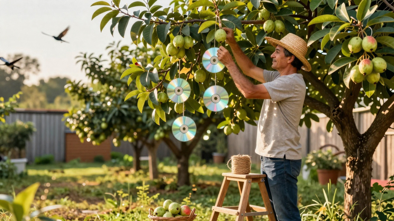 Homme accrochant des CD réfléchissants aux branches d'un pommier dans un verger pour protéger les fruits.