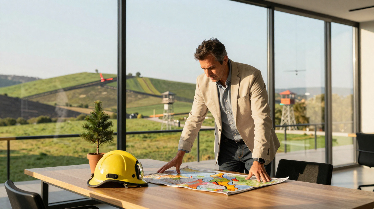 Homme debout analysant une carte sur une table avec un casque de sécurité et une plante, vue sur paysage verdoyant derrière.