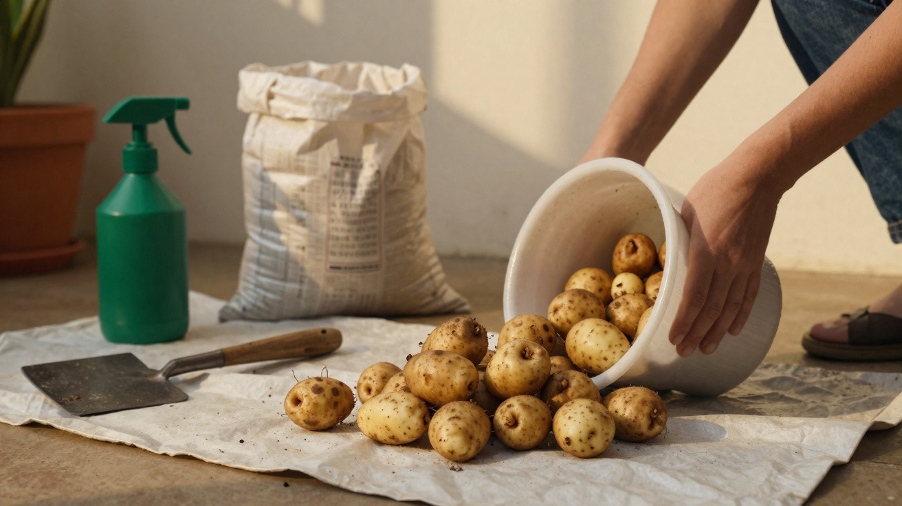Un seau renversé déversant des pommes de terre sur une bâche, avec un arrosoir, une pelle et un sac en arrière-plan.