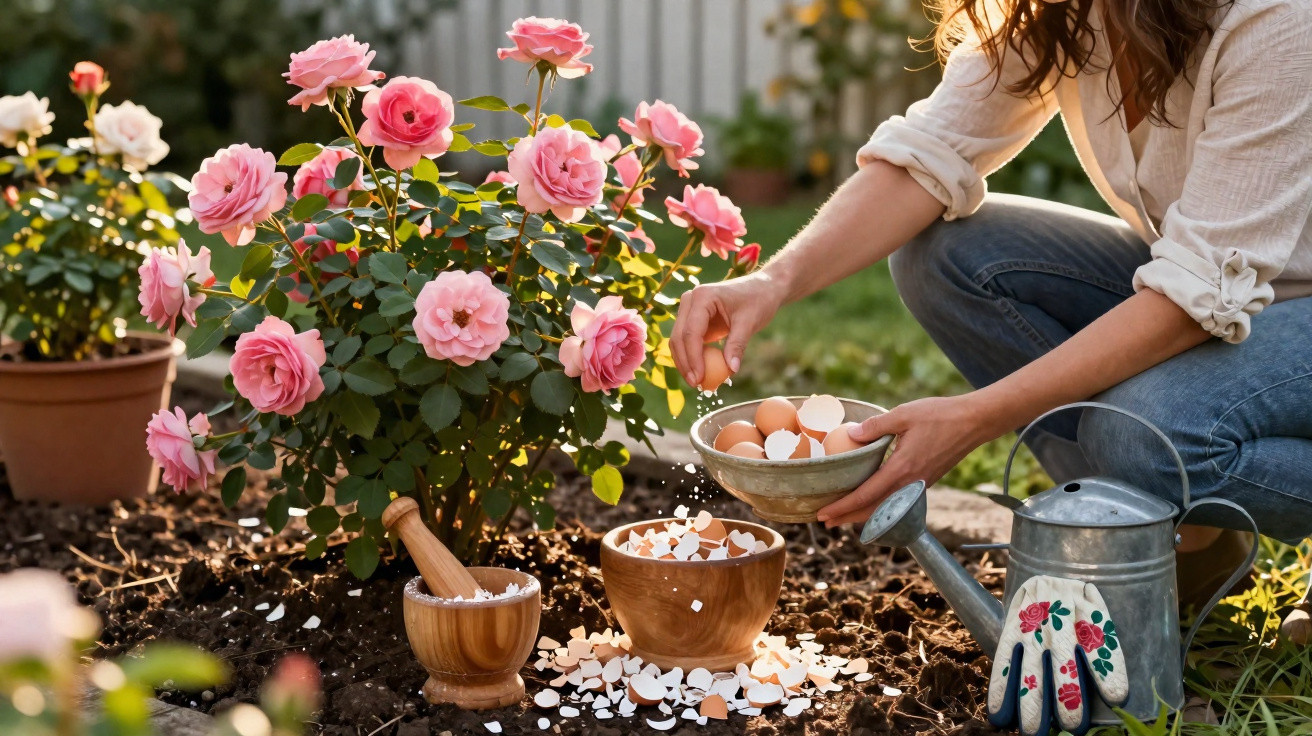 Une personne ajoute des coquilles d'œufs broyées au sol proche d’un rosier rose dans un jardin.