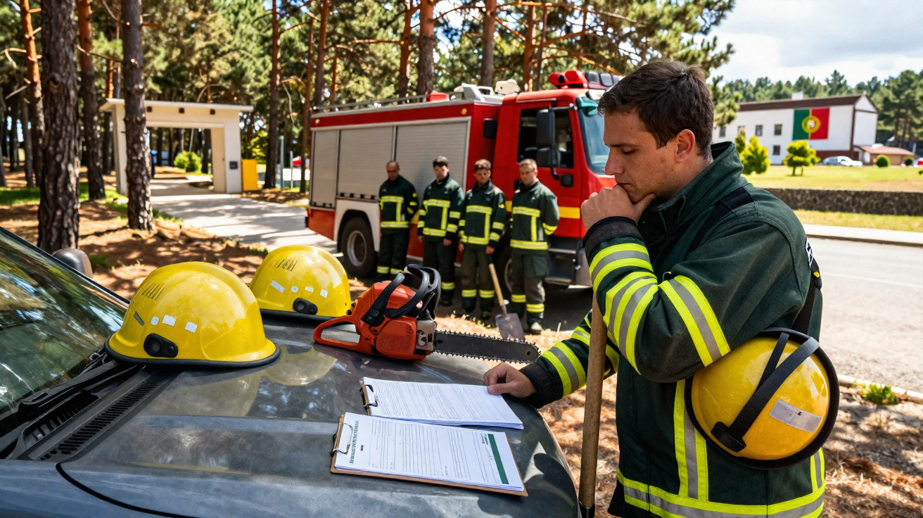 Un pompier en tenue réfléchissante examine des documents sur un véhicule, avec des casques, une tronçonneuse et un camion rou