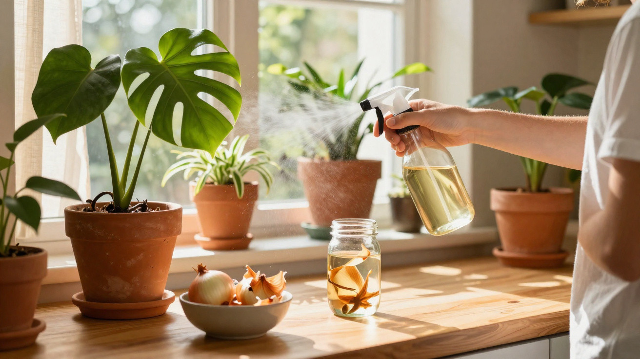 Main pulvérisant de l'eau sur des plantes vertes en pot sur un rebord de fenêtre ensoleillé.