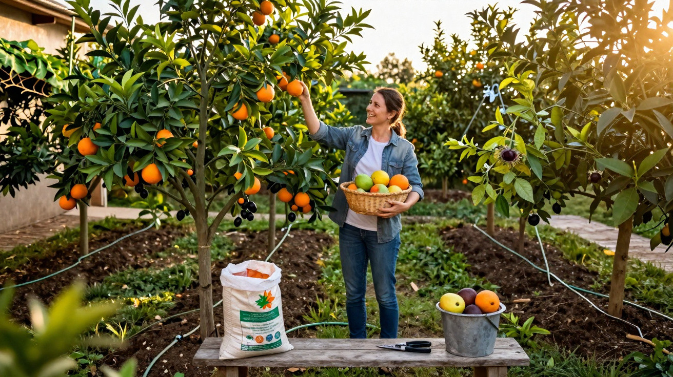 Femme récoltant des oranges dans un verger avec un panier plein de fruits colorés au coucher du soleil.