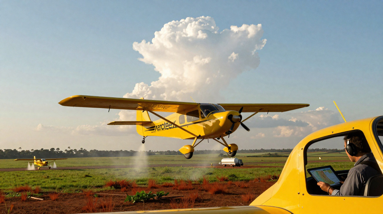 Avion jaune pulvérisant un champ agricole, piloté depuis un autre avion jaune au premier plan.