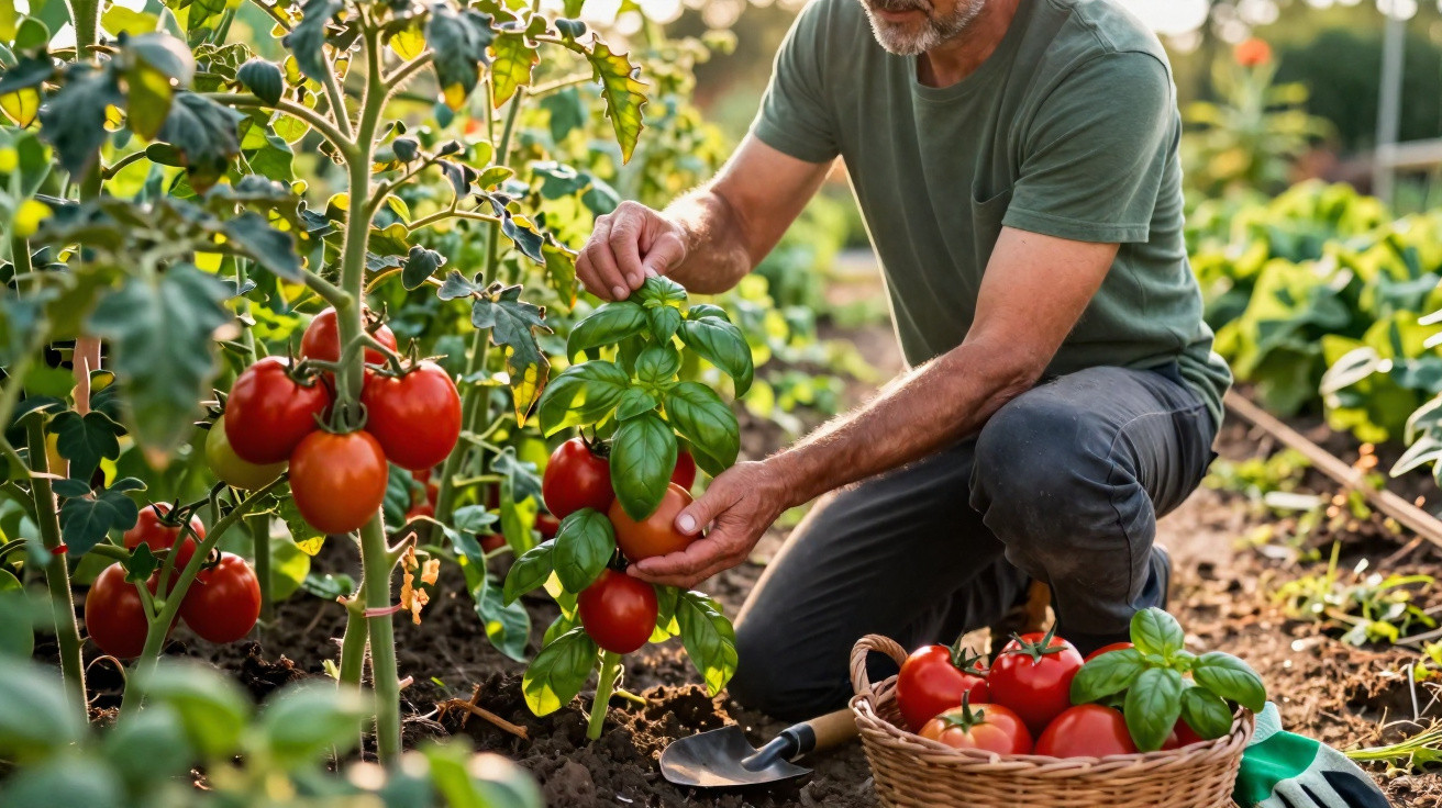 Homme récoltant des tomates mûres dans un potager avec panier et outils de jardinage à ses côtés.