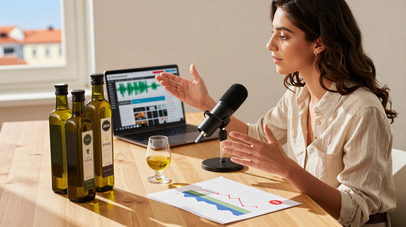 Femme en chemise beige enregistrement podcast sur l'huile d'olive avec micro, graphique et ordinateur portable.