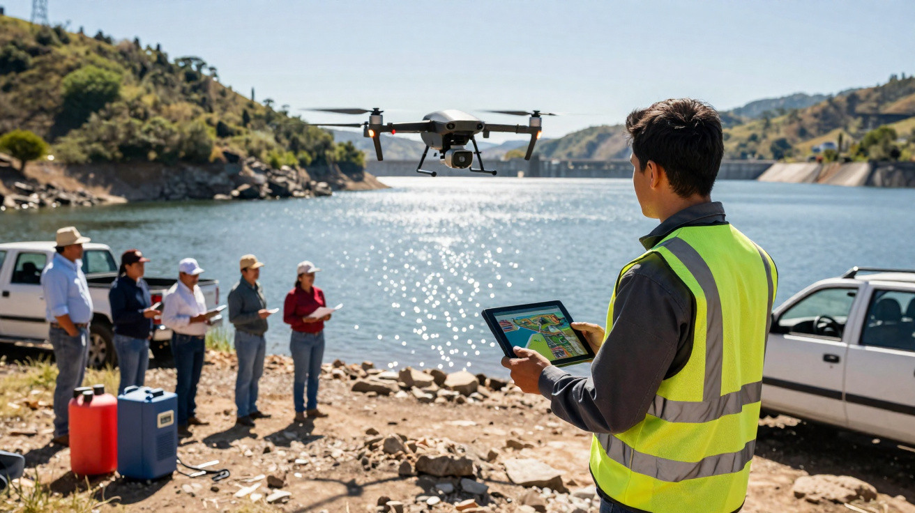 Homme en gilet jaune contrôlant un drone au-dessus d'un plan d'eau, groupe de personnes observant au loin.