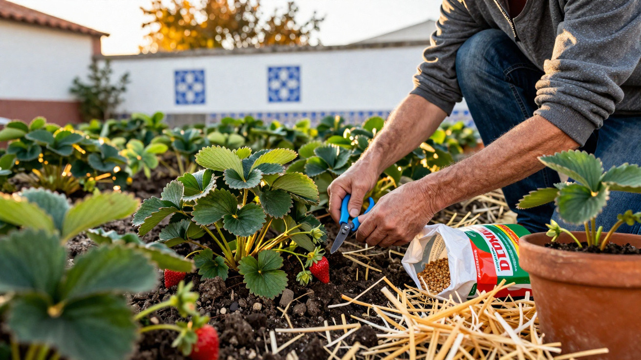 Une personne taille les fraisiers dans un jardin avec une paire de ciseaux, sac d'engrais et pot en terre cuite à côté.